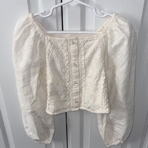 Little girls Cream Eyelet Peasant Blouse - Square Neck, Puff Sleeves